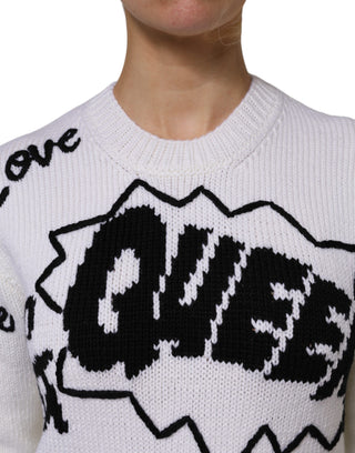 Weißer Wollstrickpullover mit Rundhalsausschnitt
