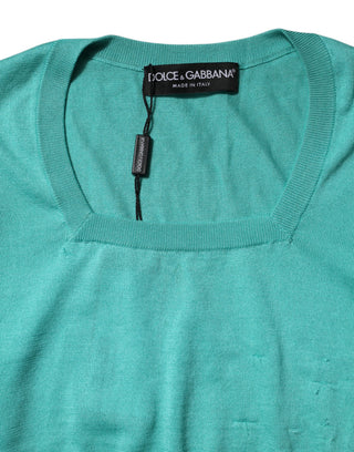 Aqua Blue Silk Short Sleeves Square Neck Top