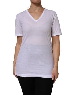 Weißes Baumwoll-T-Shirt mit kurzen Ärmeln und V-Ausschnitt
