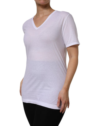 Weißes Baumwoll-T-Shirt mit kurzen Ärmeln und V-Ausschnitt