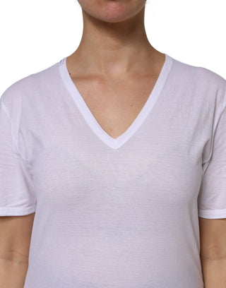 Weißes Baumwoll-T-Shirt mit kurzen Ärmeln und V-Ausschnitt