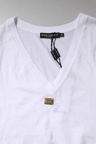 White Cotton Short Sleeve V-Neck Top T-shirt