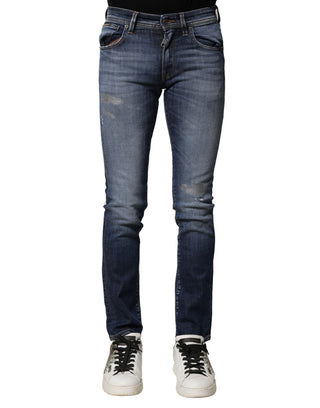 Jeans ajustados de mezclilla de algodón lavado azul para hombre