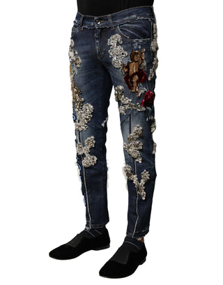 Blaue Baumwoll-Jeans mit Strassverzierungen