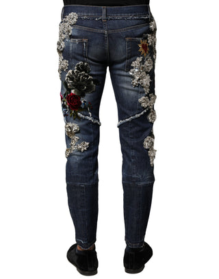 Blaue Baumwoll-Jeans mit Strassverzierungen