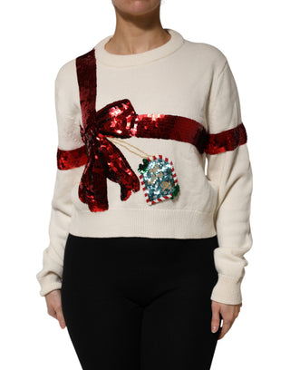 Weißer Pailletten-Pullover mit Rundhalsausschnitt
