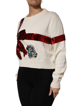 Weißer Pailletten-Pullover mit Rundhalsausschnitt