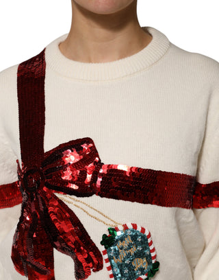 Weißer Pailletten-Pullover mit Rundhalsausschnitt
