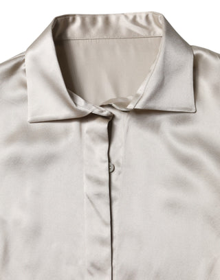 Beige Satin Silk Collared Long Sleeves Top