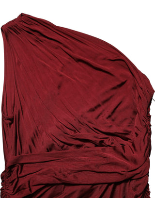 Red Viscose Fitted One Shoulder Midi Dress