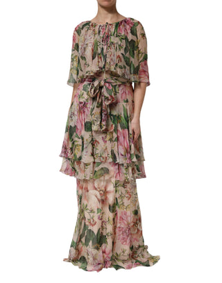 Rosa Maxikleid mit Blumenmuster und Stufenrock