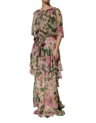 Rosa Maxikleid mit Blumenmuster und Stufenrock