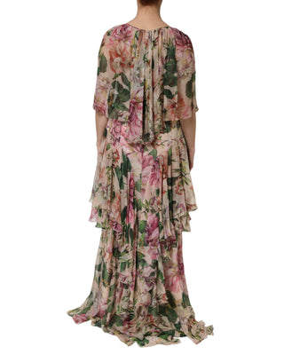 Rosa Maxikleid mit Blumenmuster und Stufenrock