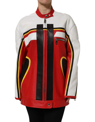 Mehrfarbige Leder-Bikerjacke mit durchgehendem Reißverschluss