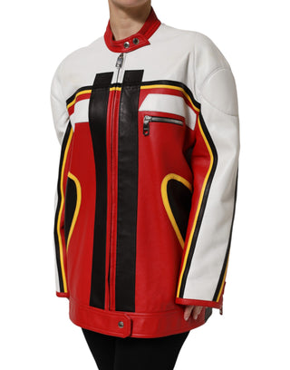 Mehrfarbige Leder-Bikerjacke mit durchgehendem Reißverschluss