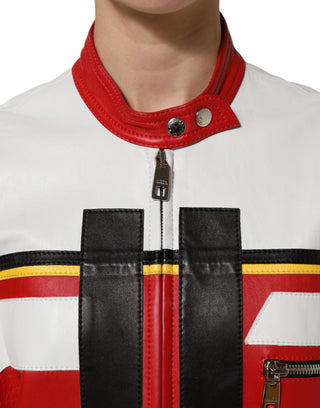 Mehrfarbige Leder-Bikerjacke mit durchgehendem Reißverschluss