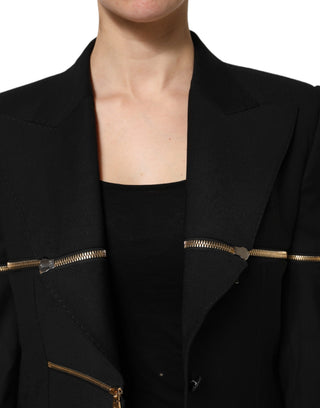 Black Wool Zipper Detailing Blazer Jacket