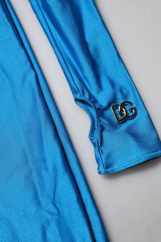 Blue Nylon Turtleneck Bodycon Jumpsuit Dress