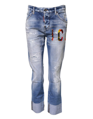Jeans ajustados de mezclilla de algodón azul lavado de cintura media  
