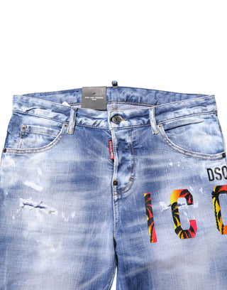Blaue, ausgewaschene Baumwoll-Mid-Waist-Röhrenjeans aus Denim