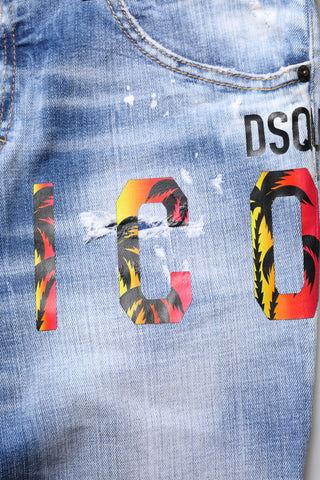 Blaue, ausgewaschene Baumwoll-Mid-Waist-Röhrenjeans aus Denim