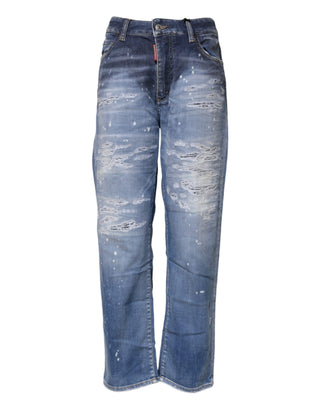 Jeans rectos de mezclilla de algodón azul desgastado de cintura media  