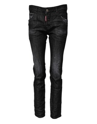 Jeans ajustados de algodón negro lavado de cintura media  