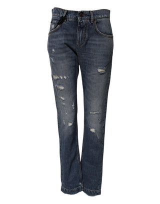 Jeans boyfriend de mezclilla de algodón azul desgastados  