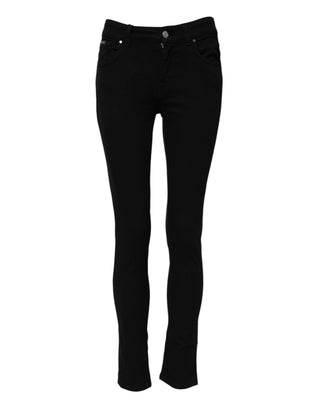 Jeans ajustados de mezclilla de algodón negro de cintura media  