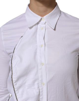 White Cotton Collared Long Sleeves Ruffle Top Shirt