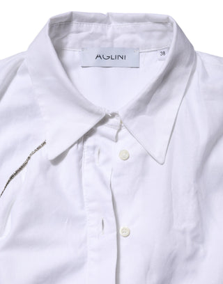 White Cotton Collared Long Sleeves Ruffle Top Shirt