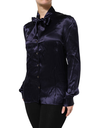 Dark Purple Silk Ascot Collared Blouse Top