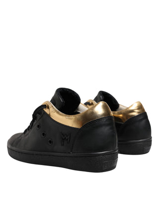 Schwarze Low-Top Schnürschuhe für Damen mit Goldspitze