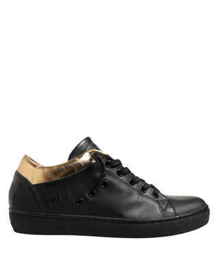 Schwarze Low-Top Schnürschuhe für Damen mit Goldspitze