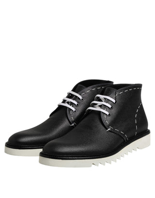 Black White Leather Ankle Boots Shoes