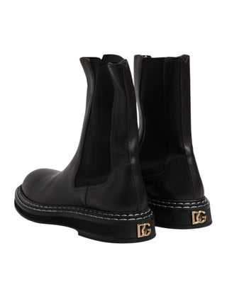 Black Leather Mid Calf Boots Flats Shoes