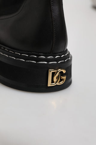 Black Leather Mid Calf Boots Flats Shoes
