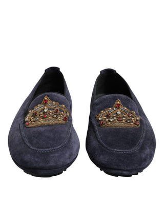 Blaue Wildleder Mokassins mit Kristallbesatz