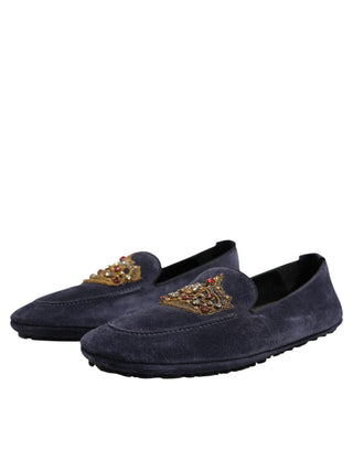 Blaue Wildleder Mokassins mit Kristallbesatz