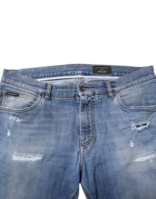 Blue Washed Tattered Logo Plaque Denim Jeans