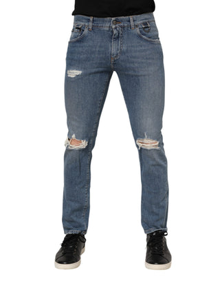 Blaue zerfetzte Skinny Jeans mit Logo aus Baumwolle