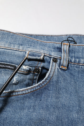 Blaue zerfetzte Skinny Jeans mit Logo aus Baumwolle
