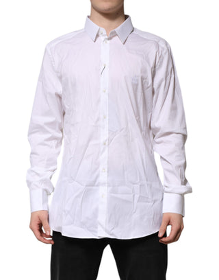 Camisa formal de vestir blanca de algodón con manga larga y detalles dorados  