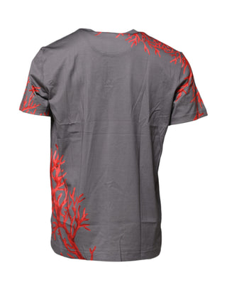 Graues T-Shirt aus Baumwolle mit Korallenmuster und Logo-Plakette