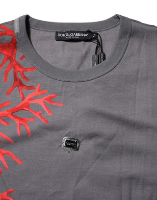 Graues T-Shirt aus Baumwolle mit Korallenmuster und Logo-Plakette