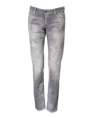 Jeans de mezclilla gris lavado con cintura media y corte entallado