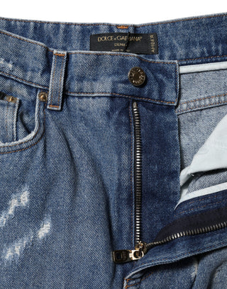 Blaue zerrissene High-Waist Damen-Jeans