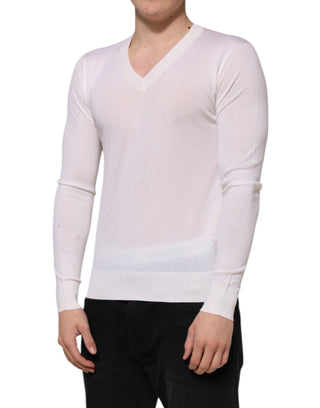 Weißer Kaschmirpullover mit V-Ausschnitt und Logo