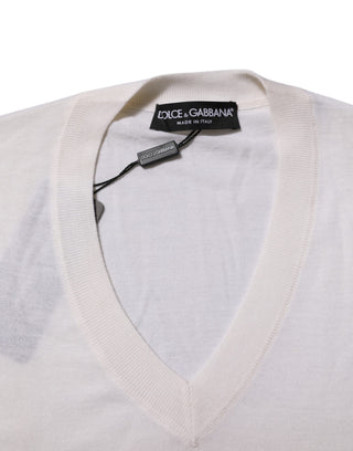 Weißer Kaschmirpullover mit V-Ausschnitt und Logo
