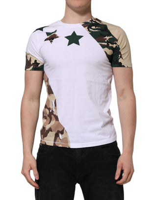 Camiseta de algodón blanca para hombre con estampado de camuflaje y cuello redondo